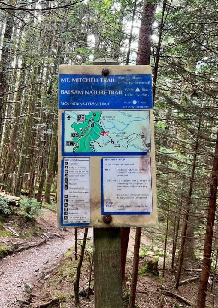 Trail information sign showing Mt. Mitchell Trail, Balsam Nature Trail, and Mountains-to-Sea Trail routes