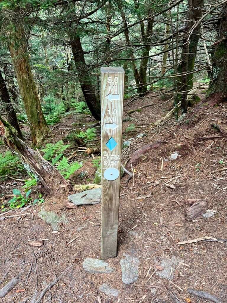 Wooden trail marker showing mileage, elevation, and blue blaze route on Balsam Nature Trail