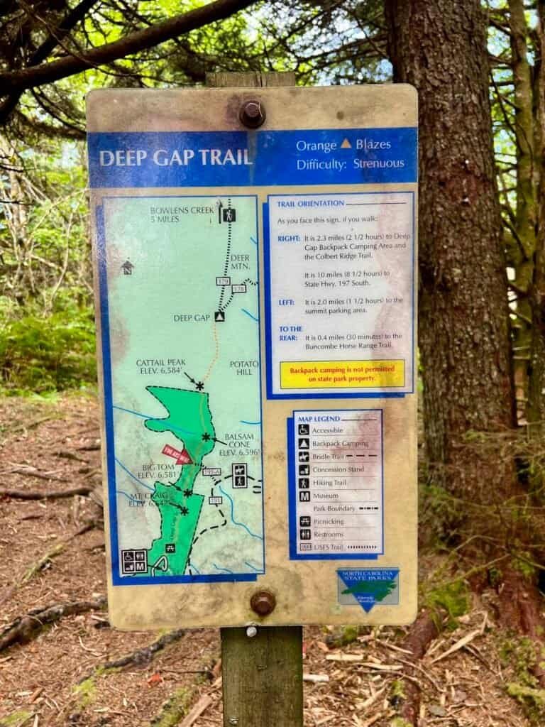 Deep Gap Trail map sign showing routes, distances, and elevations in Mount Mitchell State Park
