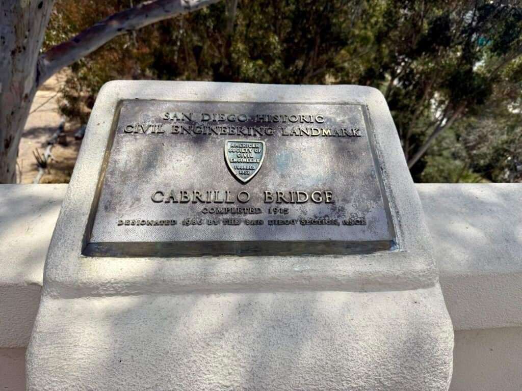 Historic plaque on Cabrillo Bridge recognizing it as a San Diego civil engineering landmark