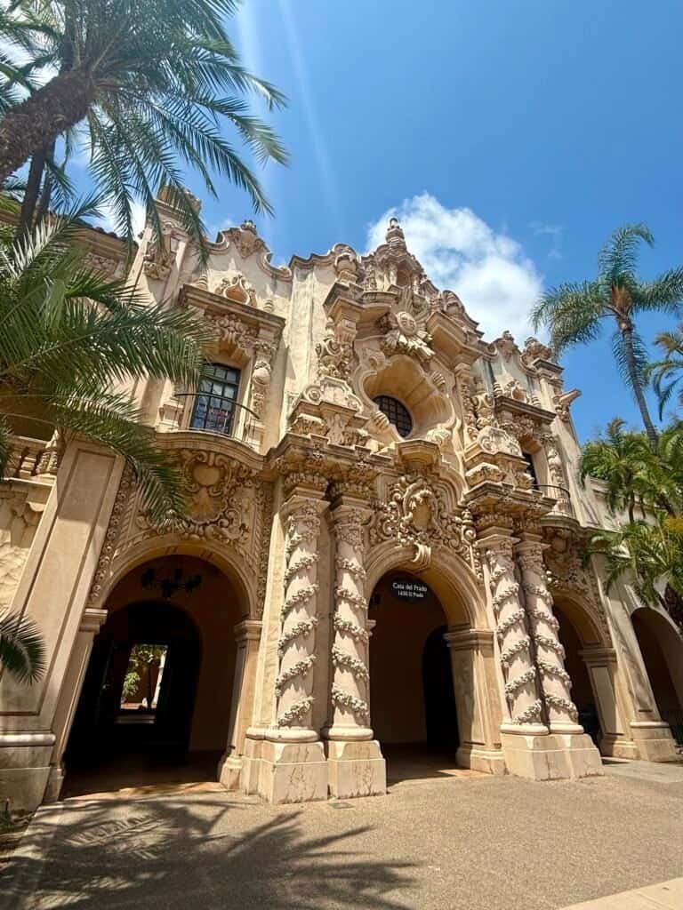 Ornate Spanish Colonial Revival façade of Casa del Prado in Balboa Park, San Diego