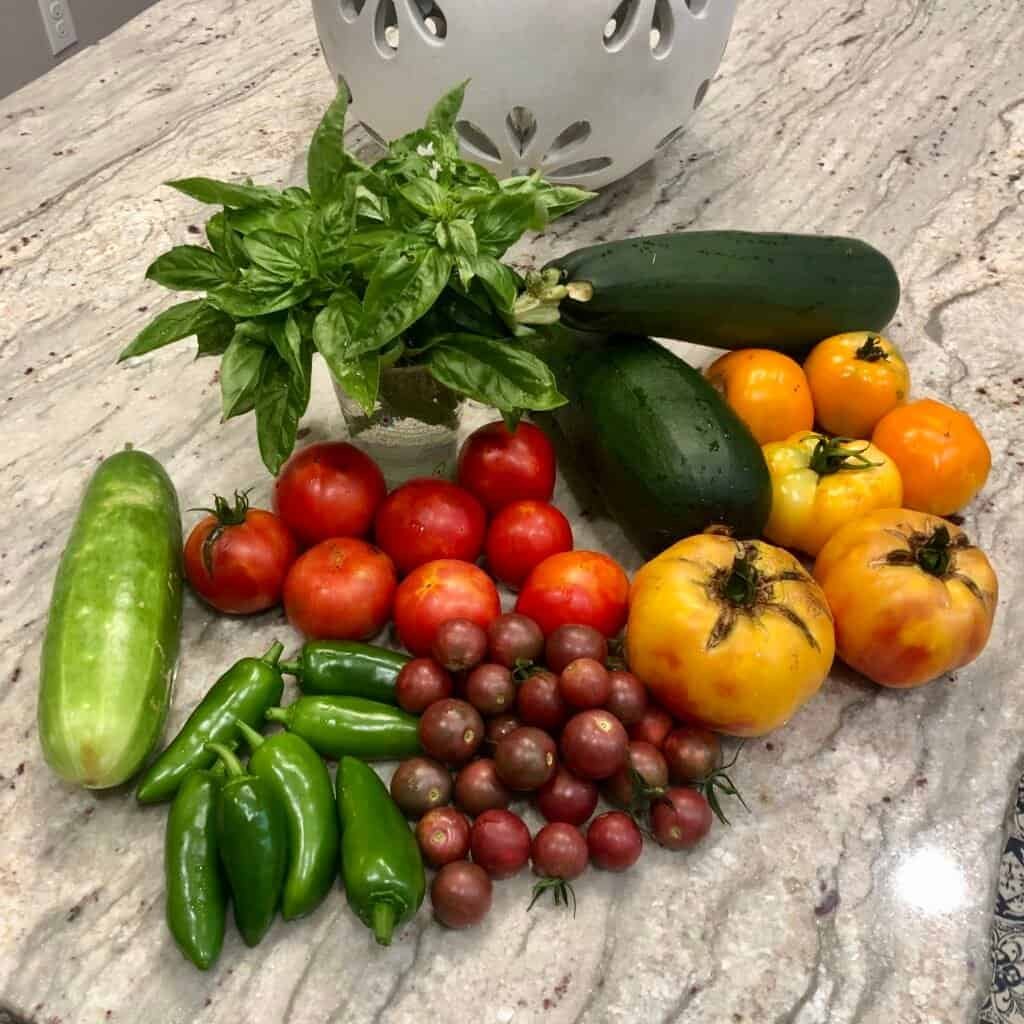Homegrown summer vegetables including tomatoes, cucumbers, zucchini, jalapeños, and basil