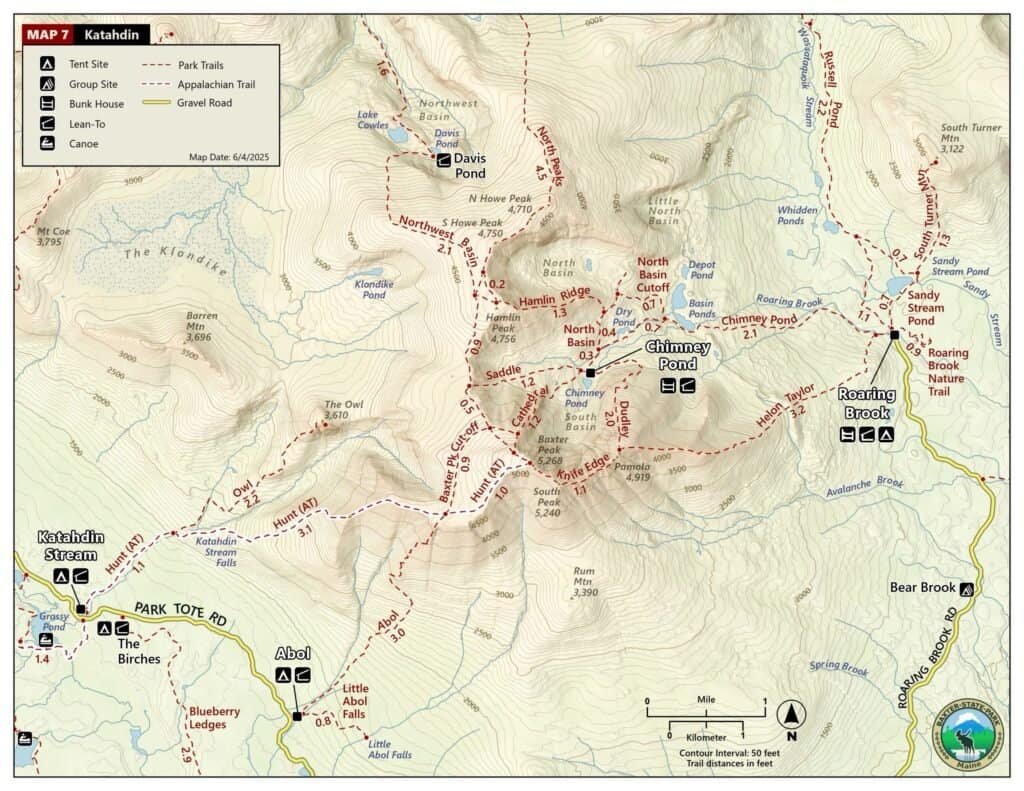 Baxter State Park trail map showing routes to Mount Katahdin
