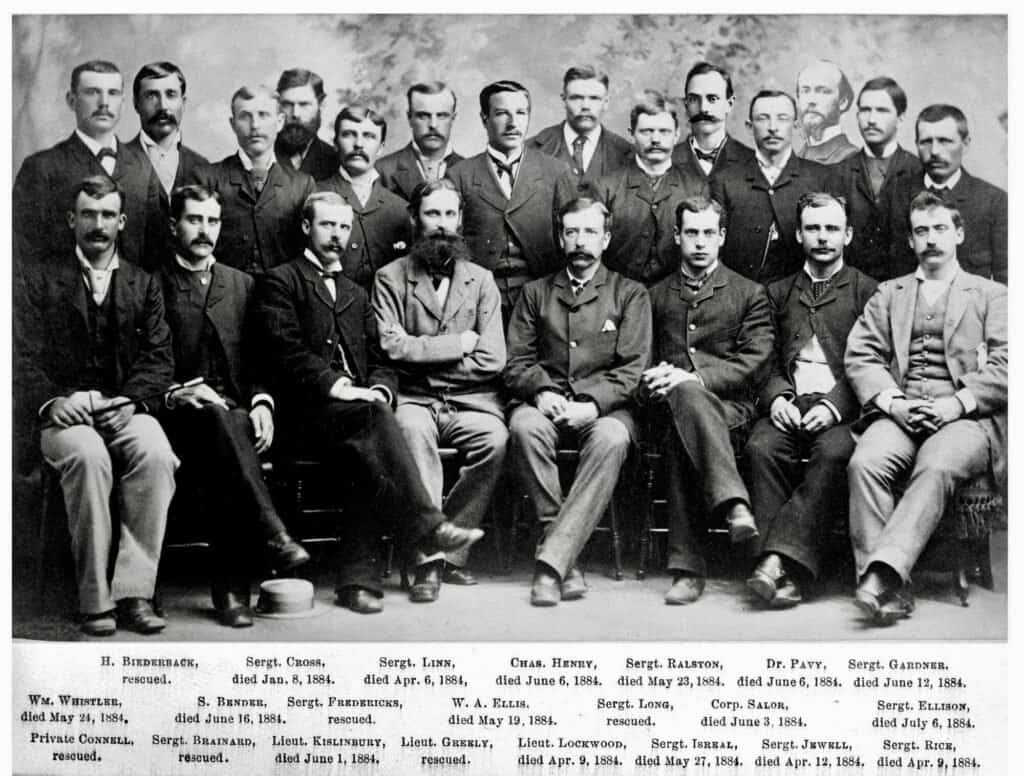 Group photograph of the Lady Franklin Bay Expedition members, including Sergeant Winfield Scott Jewell, taken before the Arctic expedition.