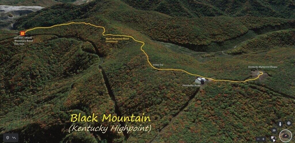 Map showing the hiking route to Black Mountain, Kentucky, with parking and start point on the left side