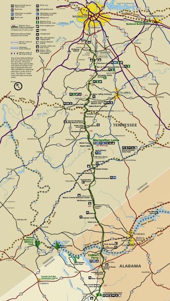 Map of the Natchez Trace Parkway from Tennessee through northern Alabama