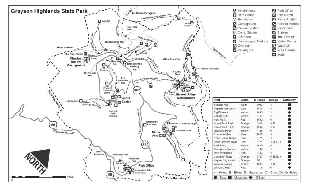 Trail map of Grayson Highlands State Park showing hiking routes, campgrounds, and connections to Mount Rogers.