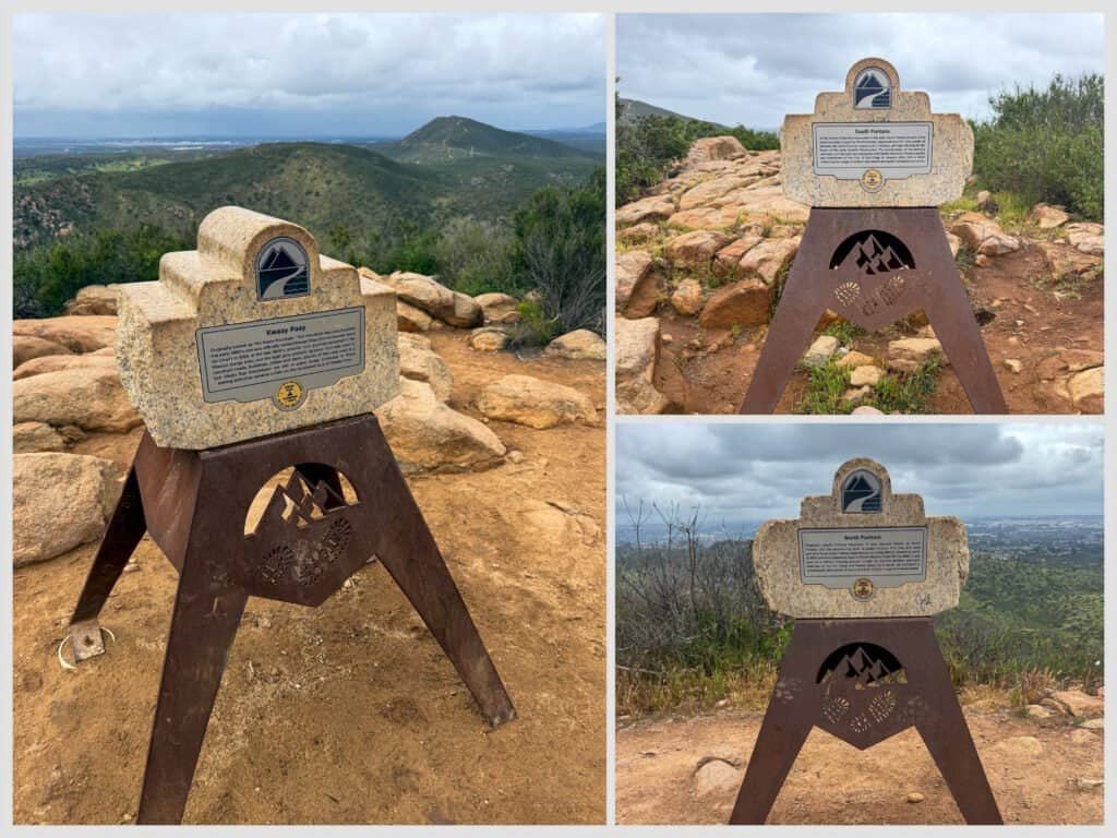 Summit markers for South Fortuna, Kwaay Paay, and North Fortuna in Mission Trails Regional Park.