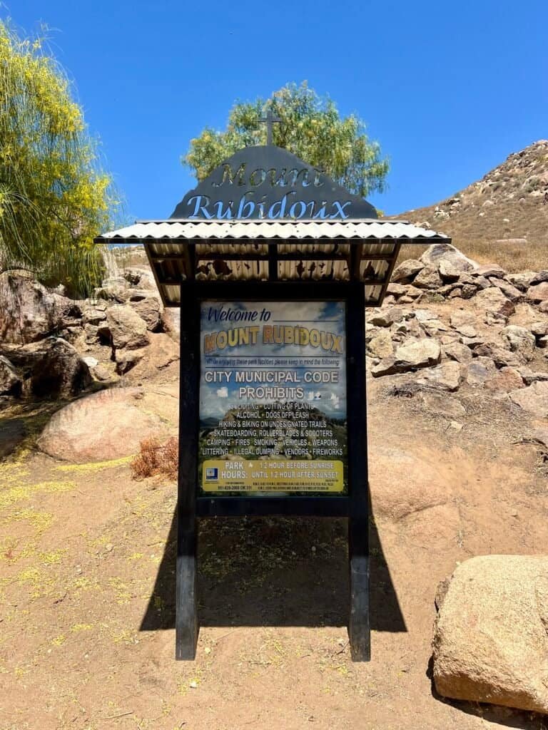 Mount Rubidoux trail rules sign showing park regulations and hours
