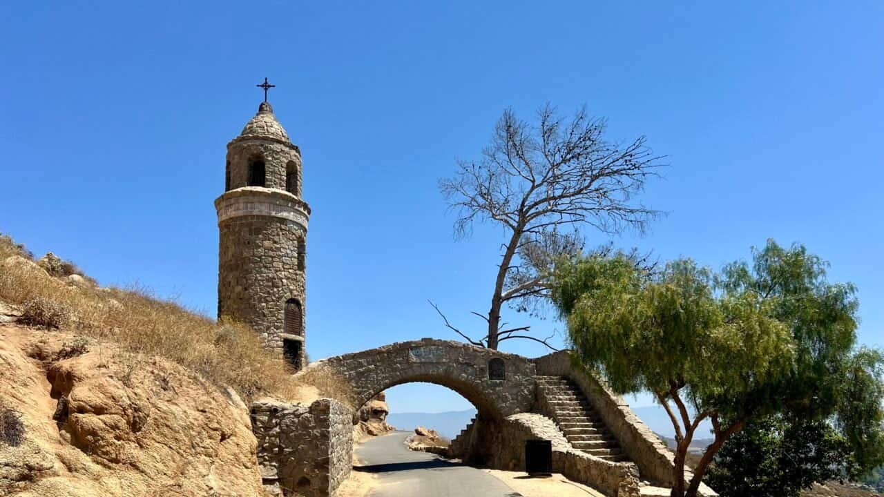 Peace Bridge and tower at Mount Rubidoux Park in Riverside, California on a clear day