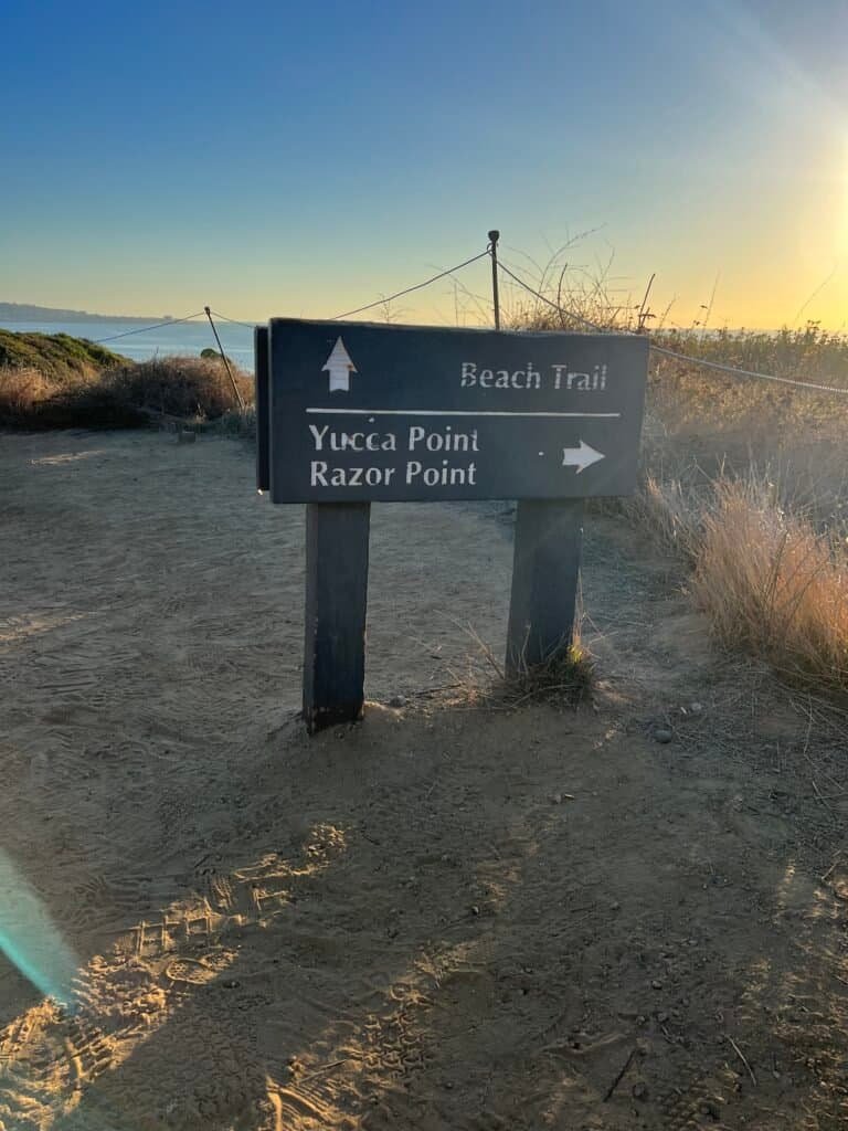 Trail sign at Torrey Pines showing directions to Beach Trail, Yucca Point, and Razor Point