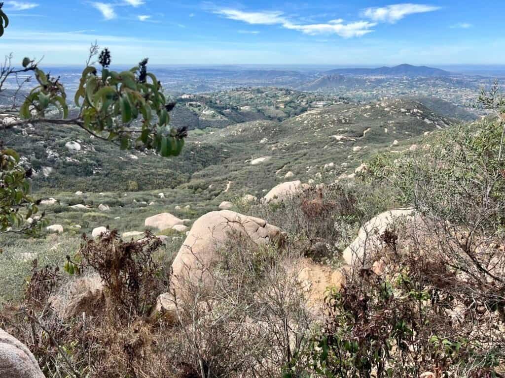 Panoramic view from the Mount Woodson Trail overlooking rolling hills near Poway, California