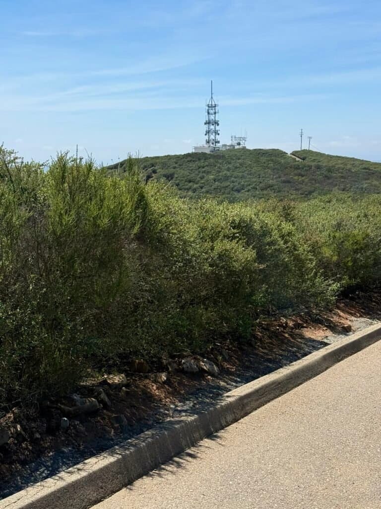 Lake San Marcos Peak communication tower visible from the paved access road through coastal chaparral