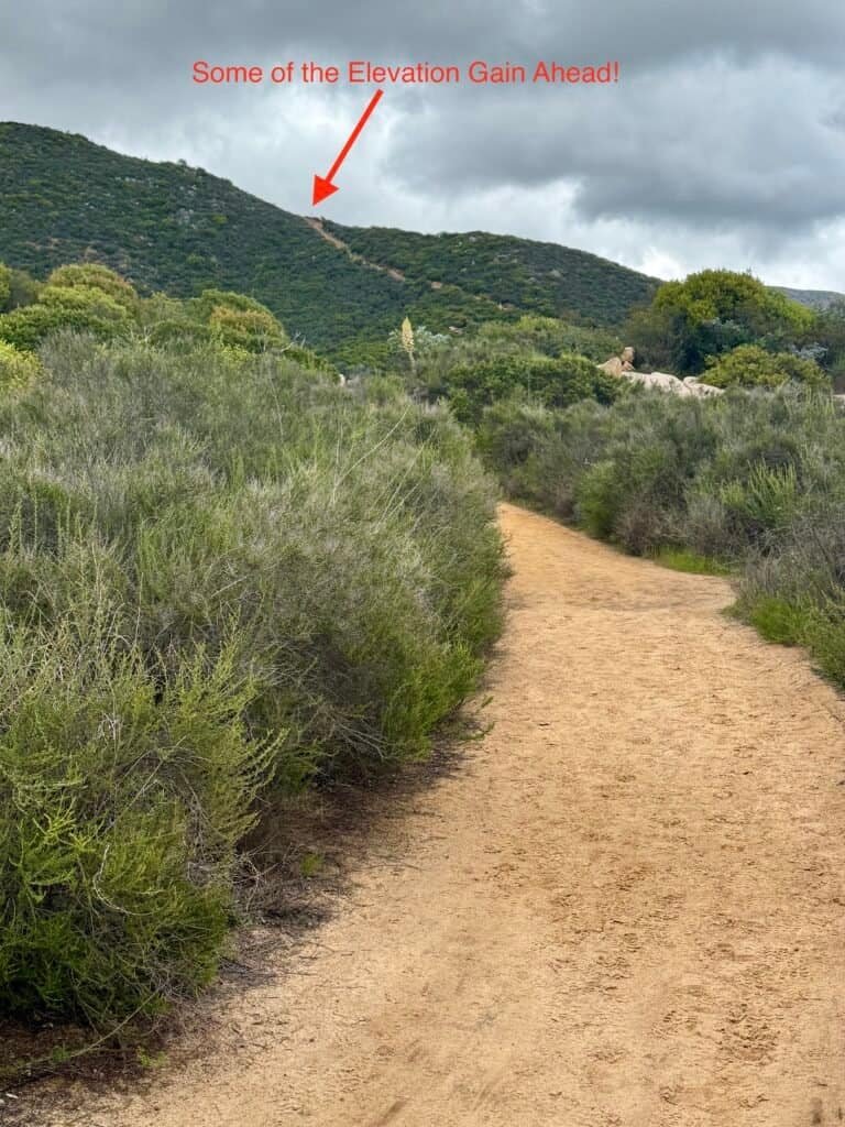 El Cajon Mountain trail stretching forward toward a steep ridgeline, with visible elevation gain under overcast skies.