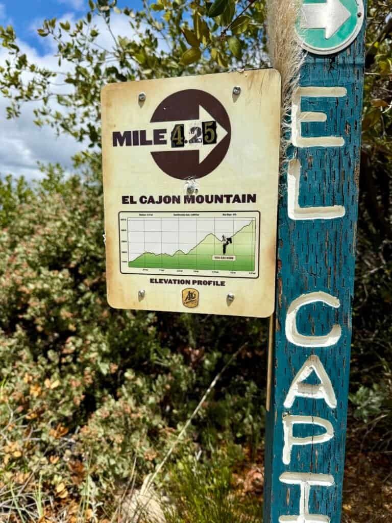 Mile 4.25 trail sign with elevation profile near the upper section of El Cajon Mountain