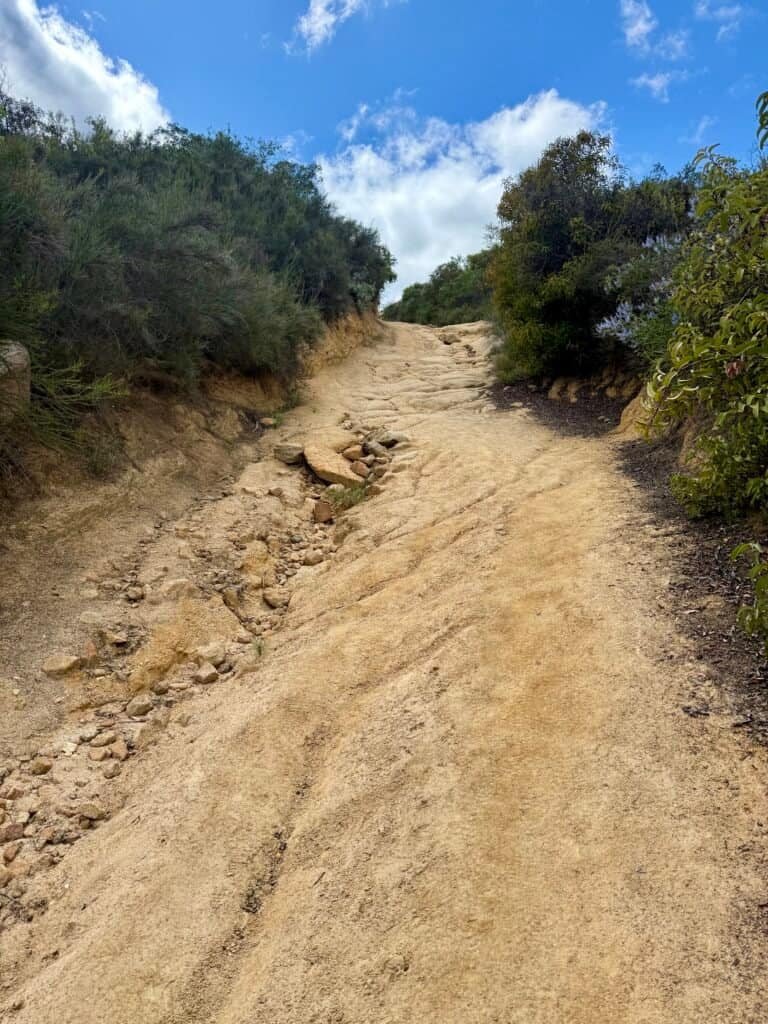 Steep, rocky uphill section on El Cajon Mountain during the final miles of the hike