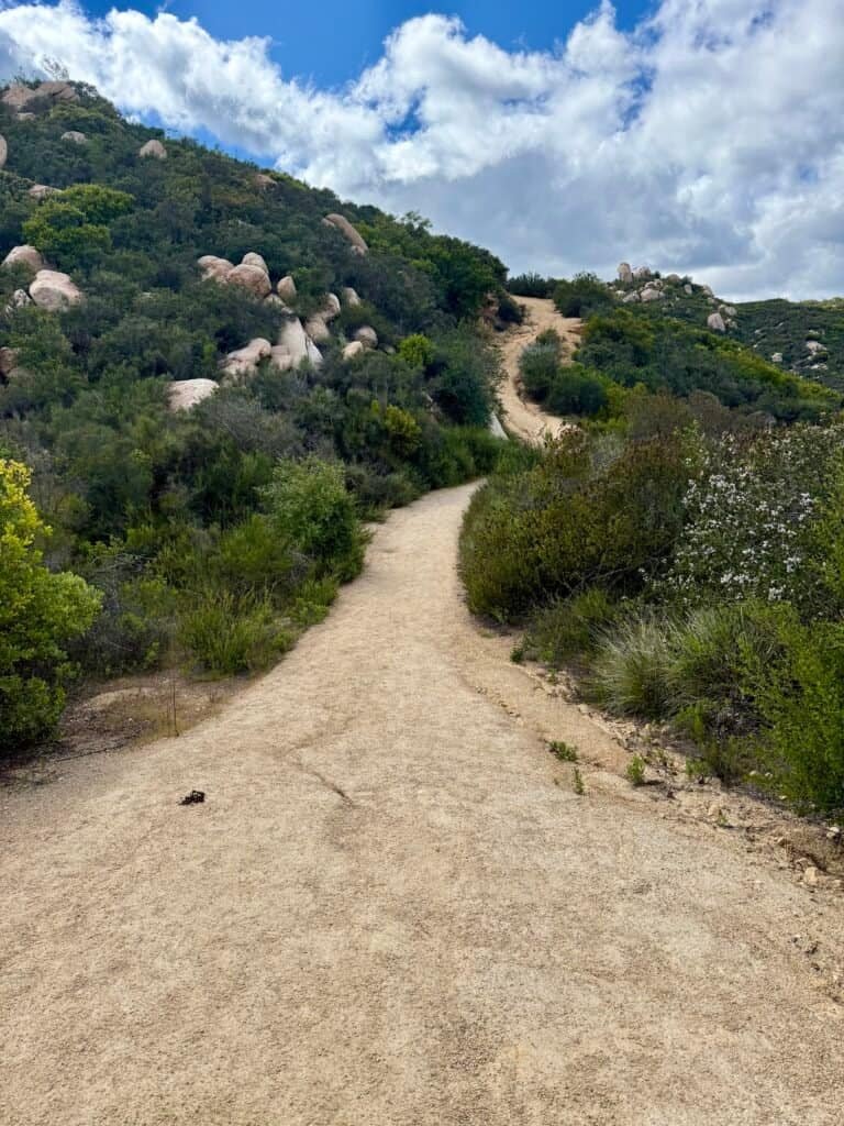 Long uphill stretch on El Cajon Mountain with a narrow dirt trail climbing toward the ridgeline