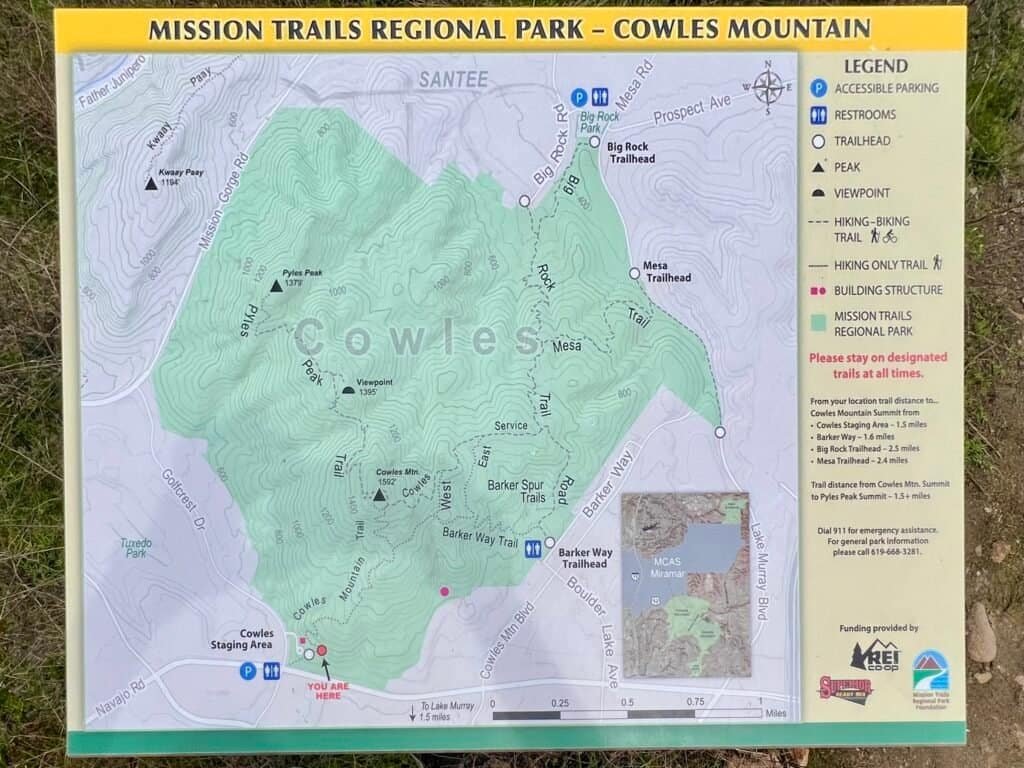 Cowles Mountain trail map showing routes, peaks, and staging areas in Mission Trails Regional Park