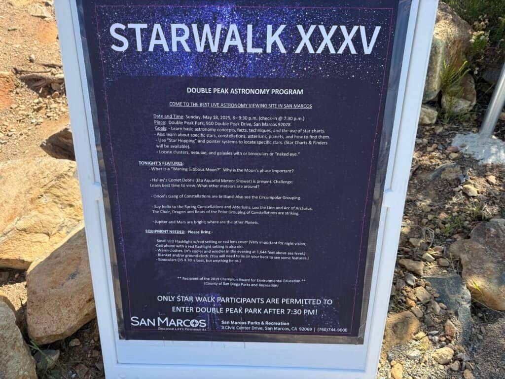 Poster advertising “Starwalk XXXV” at Double Peak Park in San Marcos, detailing a public astronomy and stargazing event hosted by the Double Peak Astronomy Program.