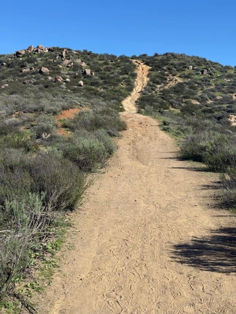 Steep offshoot trail climbing toward the third summit, with the main loop trail branching off to the right below.