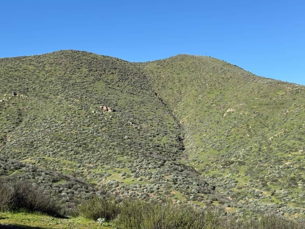 Looking back toward the trailhead from the end of the climb, showing rolling green hills.