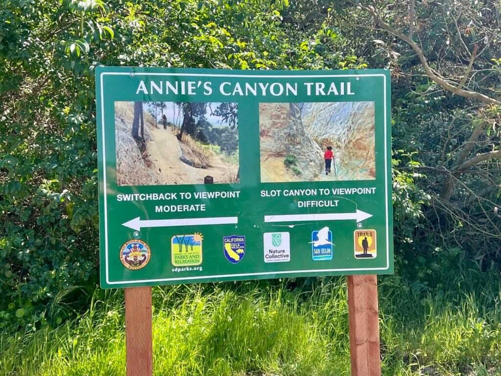 Trail sign showing the moderate switchback route and difficult slot canyon route at Annie’s Canyon