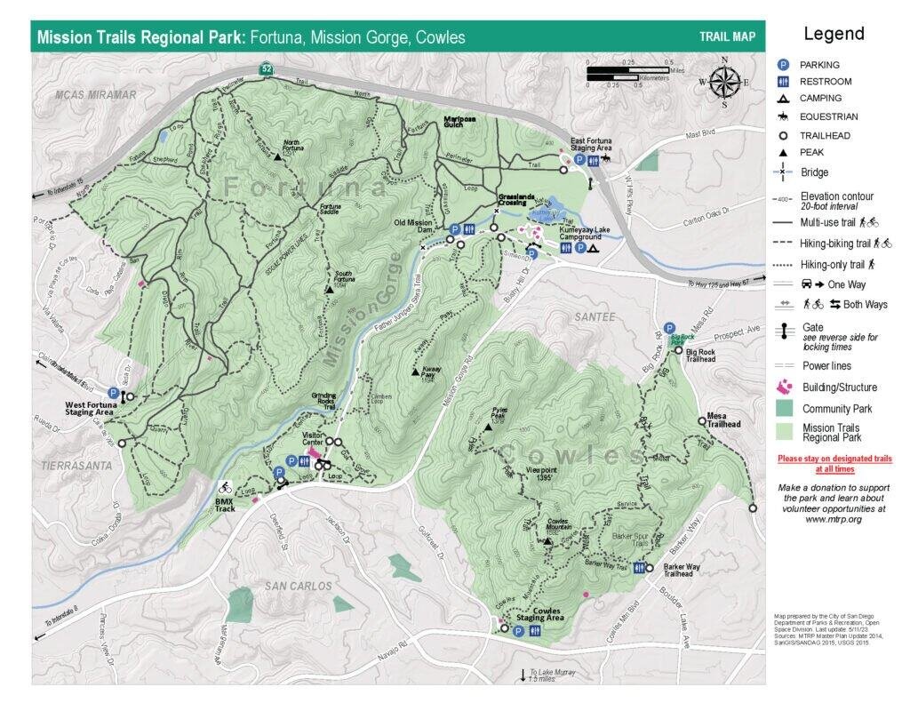 Mission Trails Regional Park trail map showing Fortuna, Mission Gorge, and Cowles Mountain trail systems