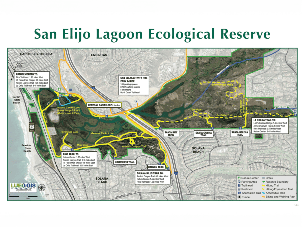 San Elijo Lagoon Ecological Reserve trail map showing Annie’s Canyon and surrounding lagoon trails
