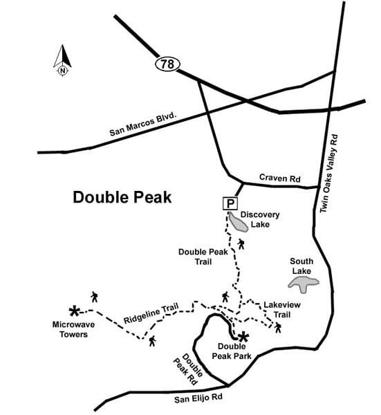 Double Peak trail map highlighting routes from Discovery Lake to the summit, including Ridgeline Trail and surrounding trail connections in San Marcos, California.