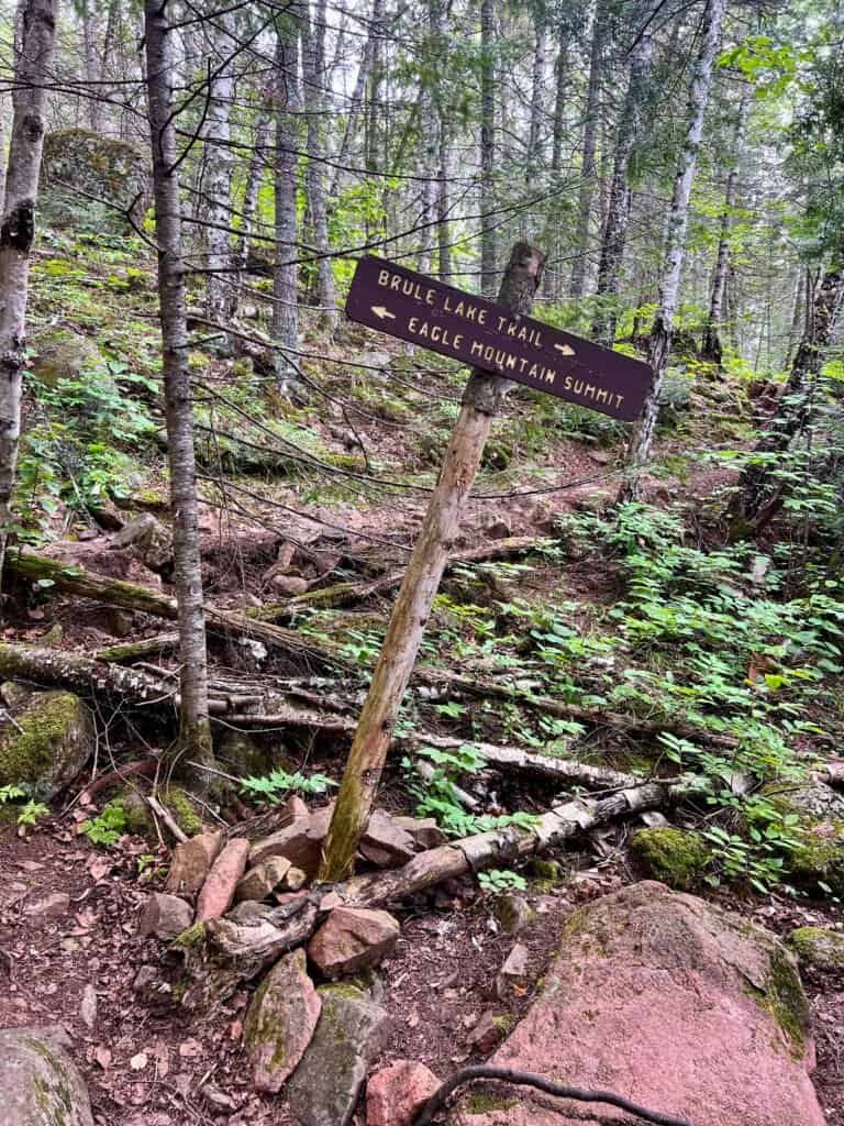 Trail junction sign pointing toward Eagle Mountain Summit and Brule Lake Trail within the Boundary Waters Canoe Area Wilderness.
