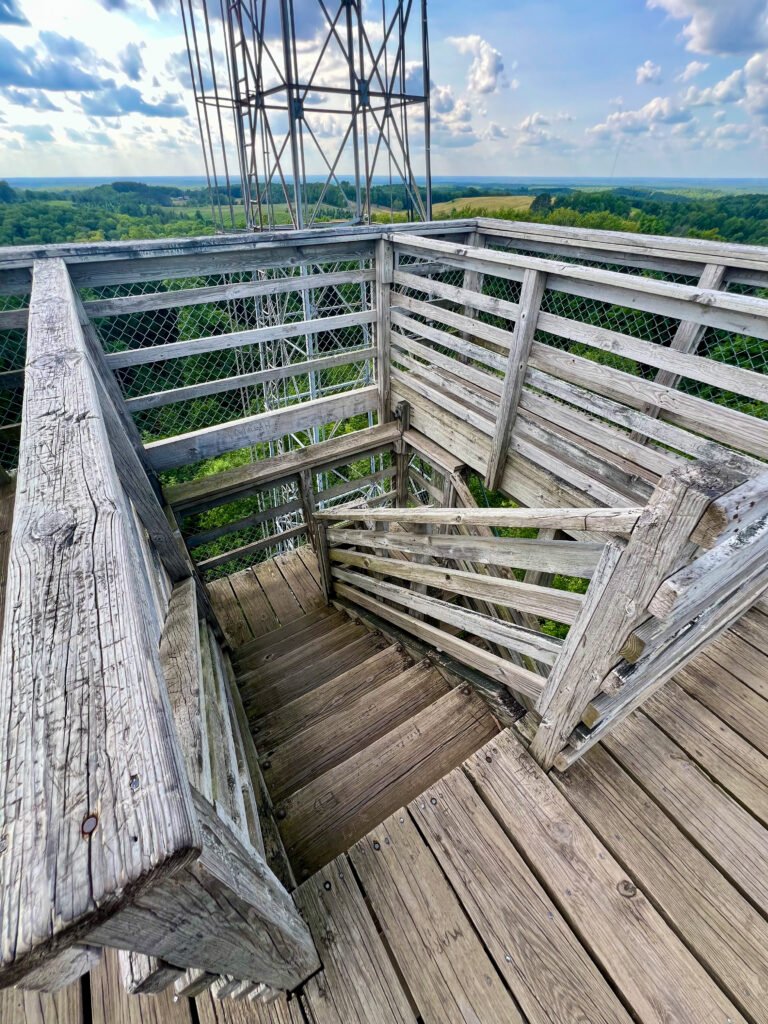 Wooden stairs and viewing platform at the observation tower on Timms Hill in Wisconsin.