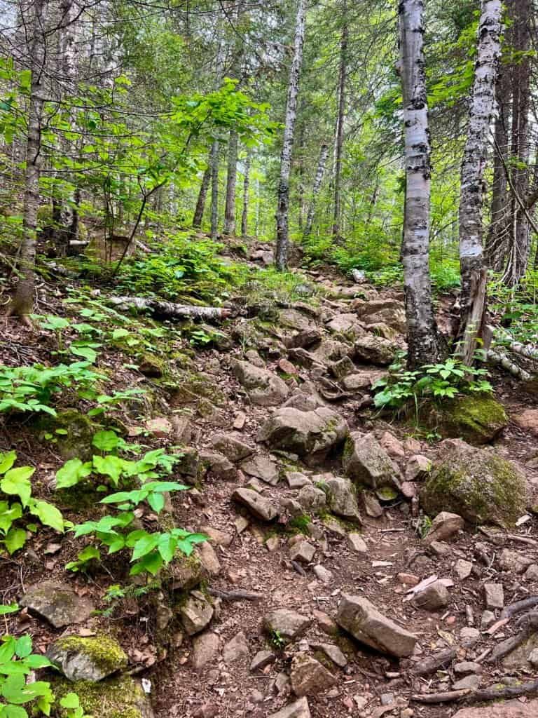 Rocky uphill section of the Eagle Mountain trail marking the start of the climb toward Minnesota’s highest point.