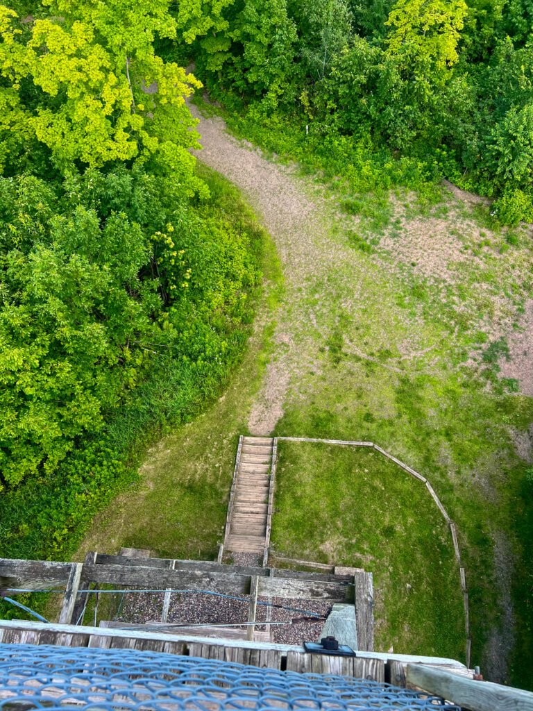 View looking down from the Timms Hill observation tower over the stairs and forest below in Wisconsin