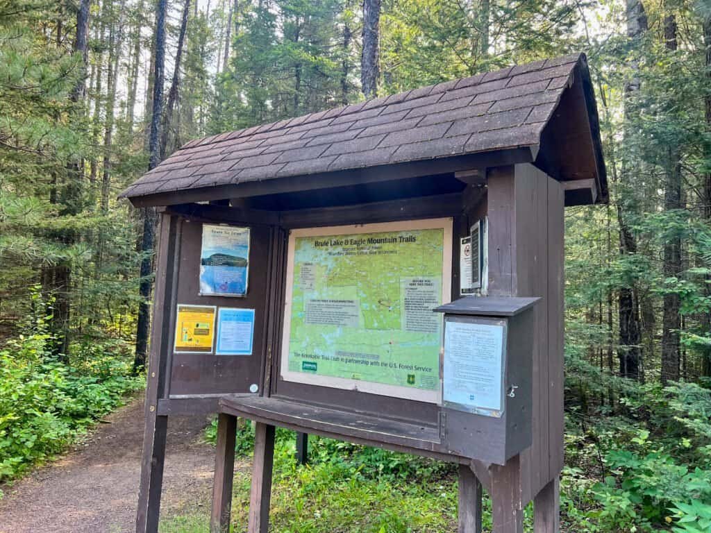 Trail information kiosk and permit box at the Eagle Mountain trailhead in the Boundary Waters Canoe Area Wilderness.