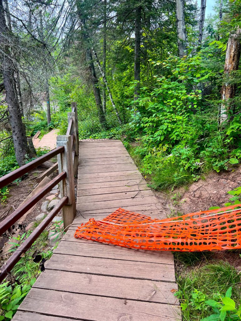 Closed section of boardwalk trail near High Falls in Tettegouche State Park.