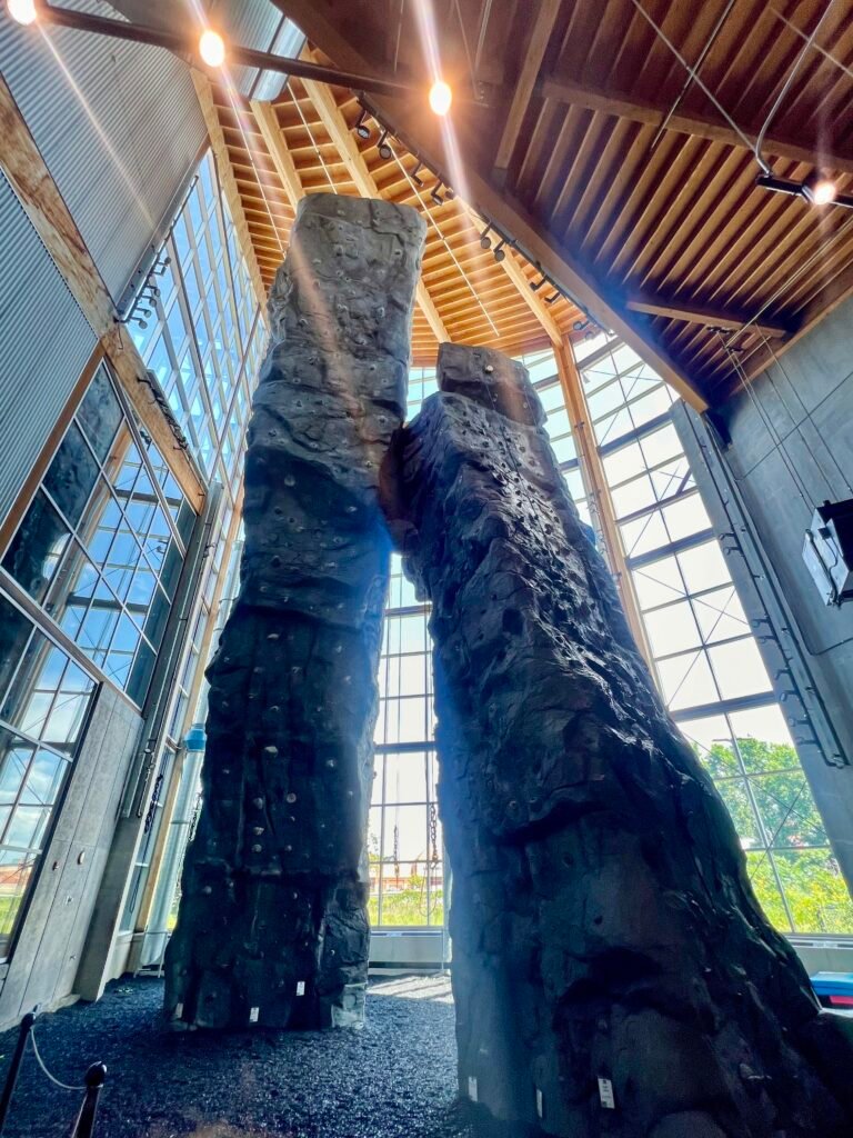 Indoor rock climbing towers inside REI Co-op flagship store in Bloomington, Minnesota.