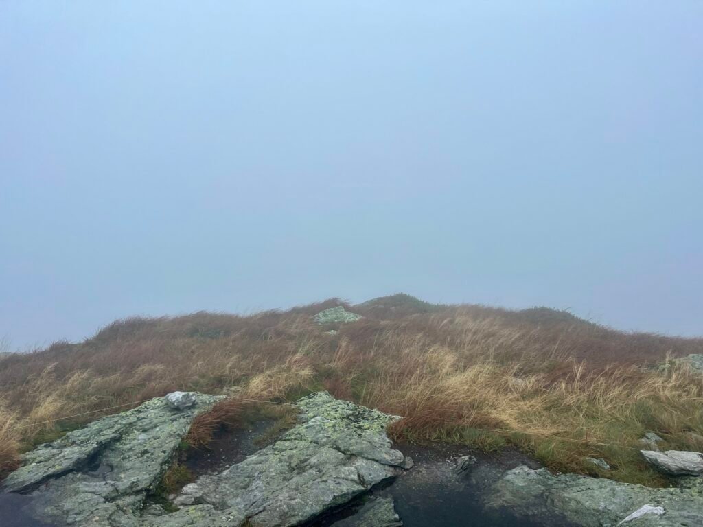 Fog-covered Mount Mansfield summit with rocky terrain and alpine grasses disappearing into clouds.
