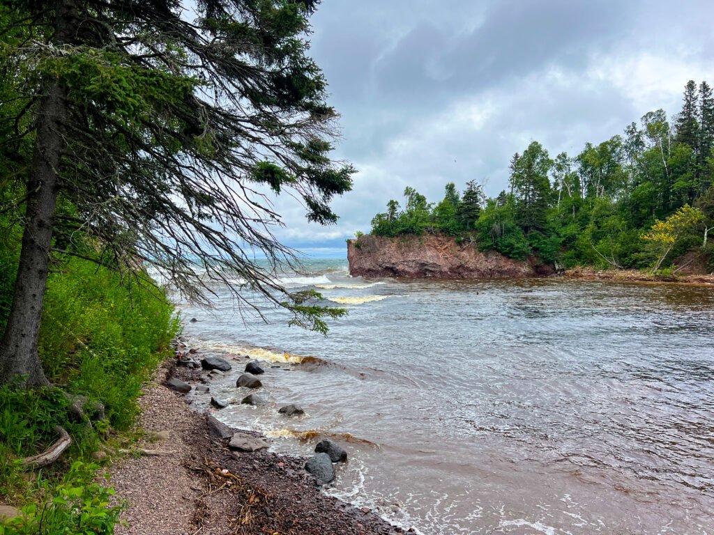 View of the Baptism River flowing into Lake Superior at Tettegouche State Park.