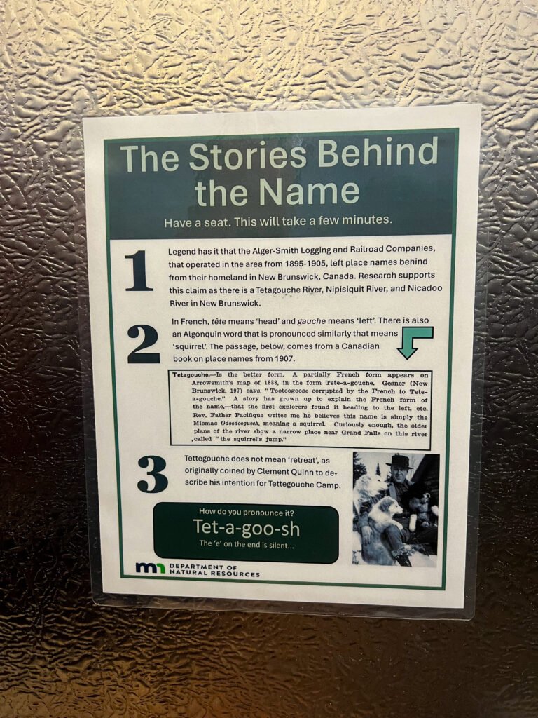 Tettegouche State Park sign explaining the origin and pronunciation of the park’s name.