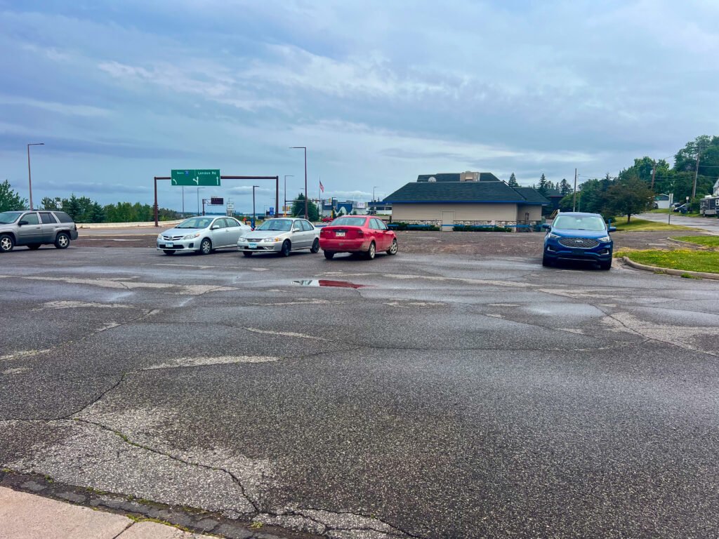 Roadside parking lot near Lake Superior in Duluth, Minnesota used for overnight SUV camping.