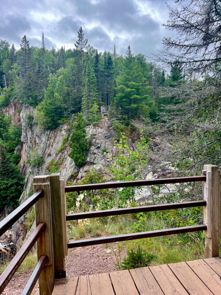 Overlook platform across the Baptism River from High Falls in Tettegouche State Park.