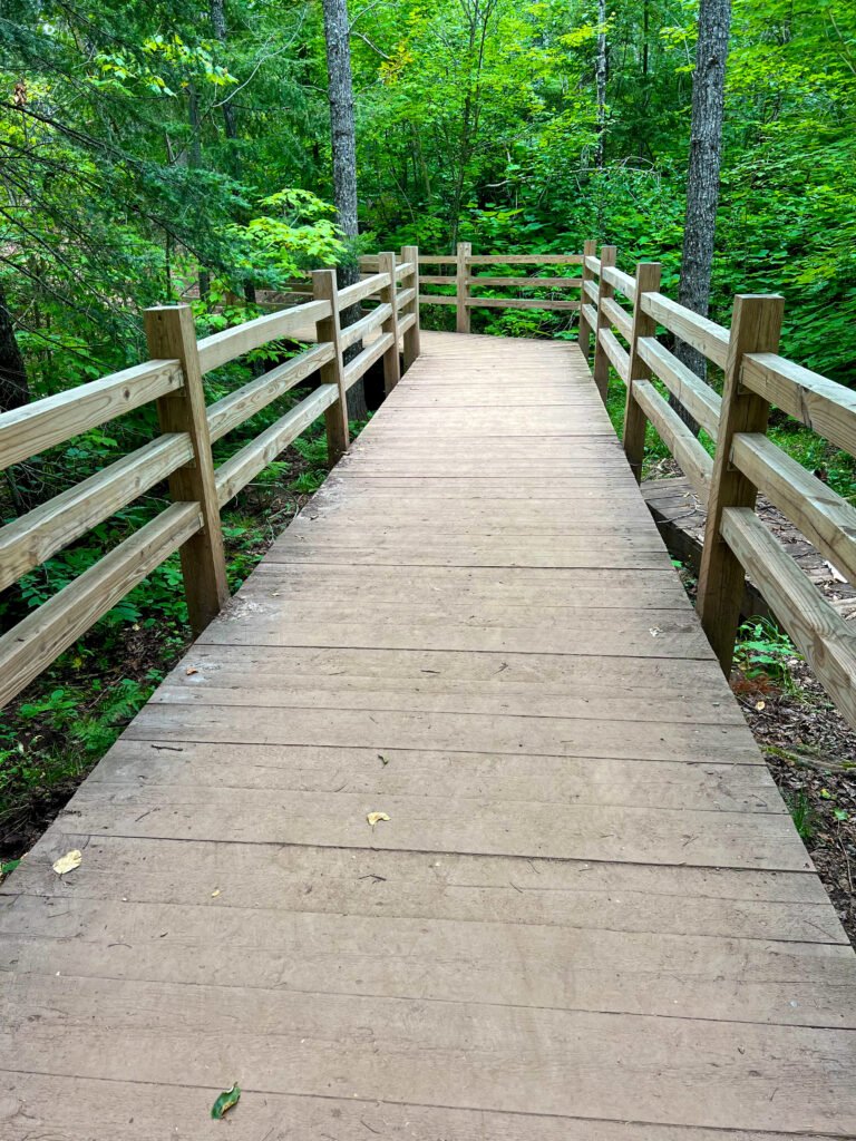 Wooden boardwalk section along the High Falls trail in Tettegouche State Park.
