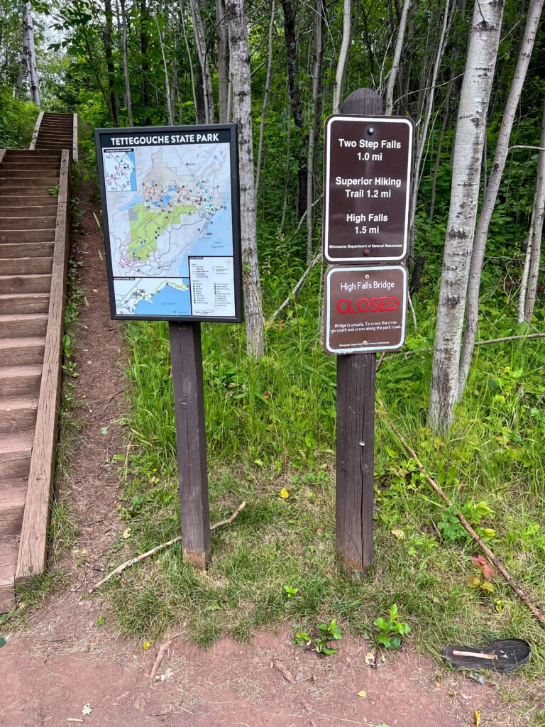 High Falls trailhead sign and park map in Tettegouche State Park, Minnesota.