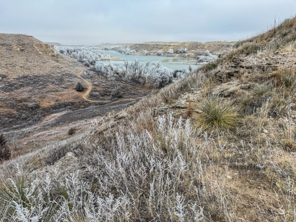 View of Lake Scott State Park from Buzzard’s Point, with frost-covered grasses in the foreground and the faint flag visible on the distant bluff above the winding trail.