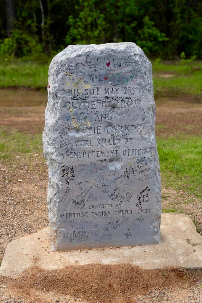 Stone memorial marking the site where Bonnie and Clyde were killed in Bienville Parish, Louisiana.