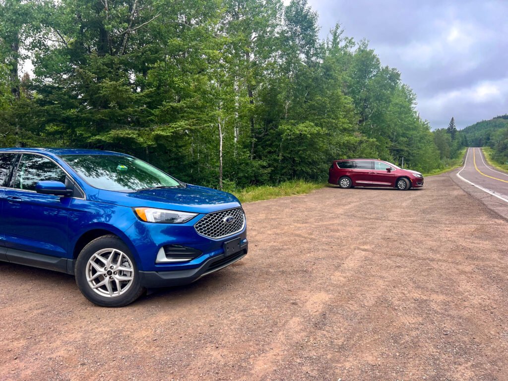 Small gravel parking lot off Minnesota Highway 1 near Tettegouche State Park.