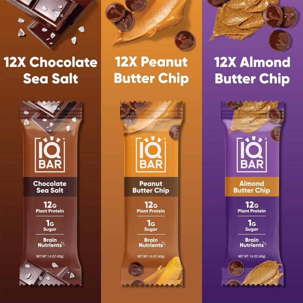 IQBAR protein bar variety pack featuring Chocolate Sea Salt, Peanut Butter Chip, and Almond Butter Chip flavors.