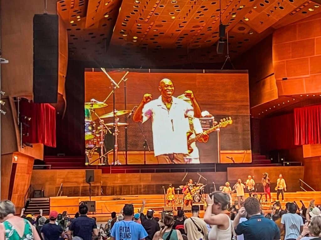 Seun Kuti performing live on stage at Jay Pritzker Pavilion with a packed crowd in Chicago