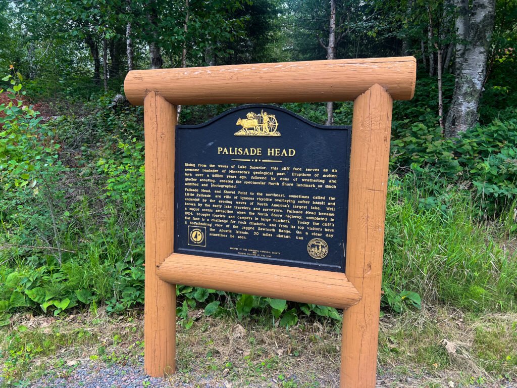 Palisade Head historical marker sign along Minnesota’s North Shore near Lake Superior.