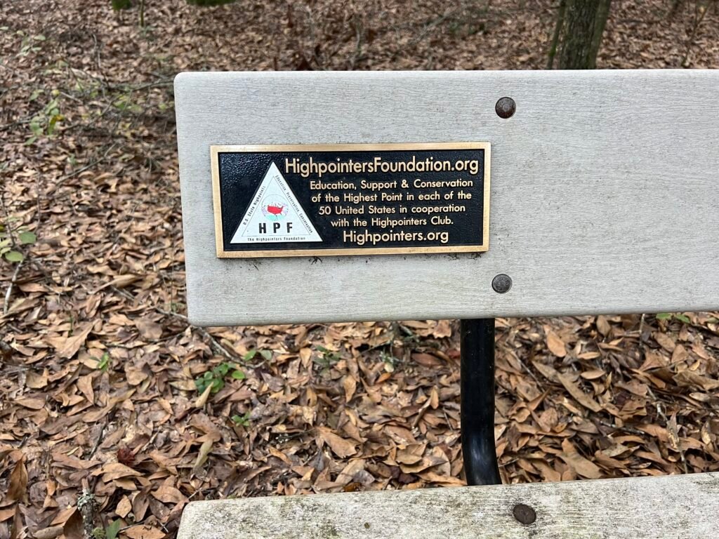 Highpointers Foundation bench at Britton Hill in Florida surrounded by fallen leaves and pine trees.